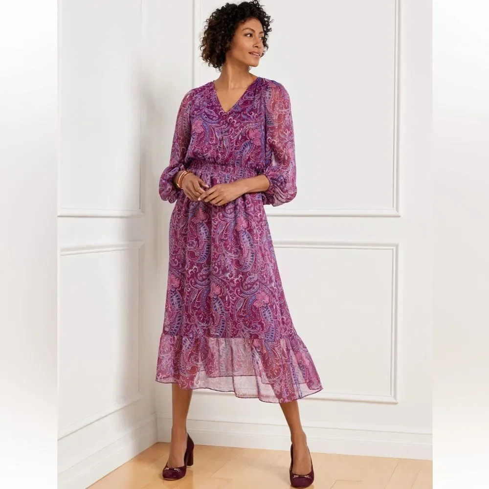 Talbots Midi Fit Flare Dress Metallic Paisley Fairy Fall Women Dress Petite 10P